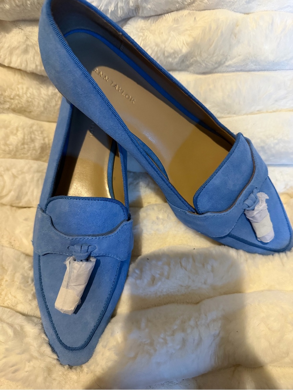 Ann Taylor Powder Blue Suede Pointed-Toe Loafers with Tassel